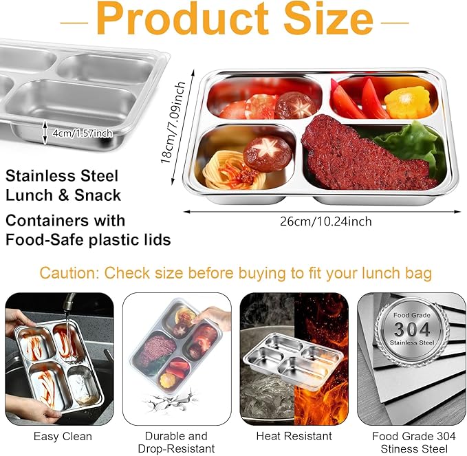 Honeydak 6 Pack Stainless Steel Snack Containers with Lids Compartments Stainless Steel Lunch Box Reusable Meal Prep Lunch Containers for Home Travel Work Camp Party(Middle 4 Compartment)