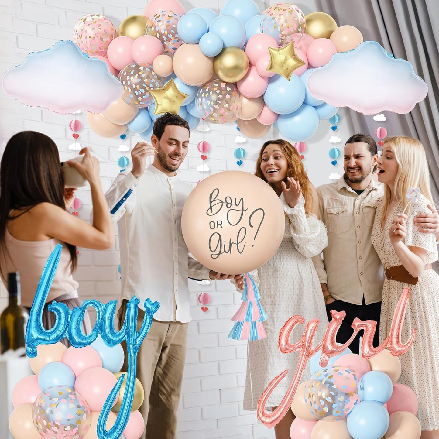 Ouddy Party Gender Reveal Decorations, Pastel Pink and Blue Nude Confetti Balloons Arch Kit Star Hanging Cloud Garland Paper Tassels He or She Boy or Girl Gender Reveal Baby Shower Party Supplies