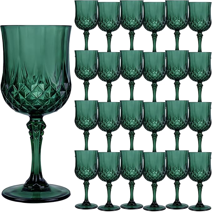 Plastic Wine Glasses, Plastic Goblets Vintage Style Cordial Unbreakable Drinking Glasses, Reusable Drinkware for Wedding Reception, Grand Event Party Supplies, Easter (24, Green)