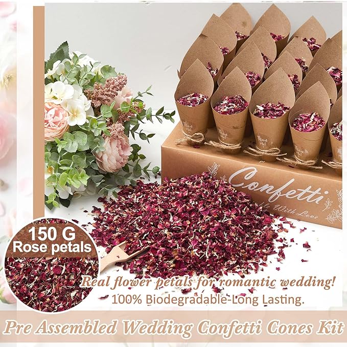 1 Sets Wedding Confetti Cones with 150g (5.29 Oz) Biodegradable Dried Flowers Rose Petal - 30 Kraft Paper Cones, Tray & Stickers for Wedding, Bridal Shower, Engagement Party, Baby Shower
