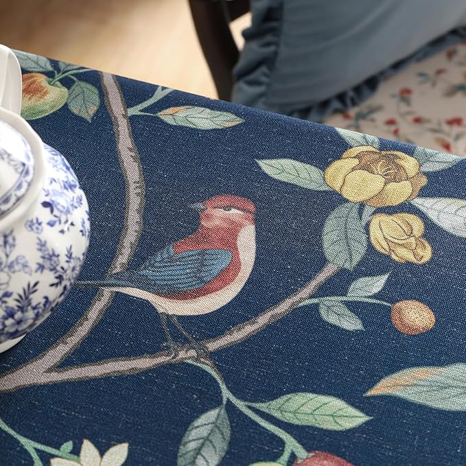 Linen Table Cloth Rectangle,Wrinkle Resistant French Blue Tablecloth Print with Froal,Decor Stitch Table Cloth for Thanksgiving,Dining Room,Home,Kitchen 63" × 87"-DeweyA Blue