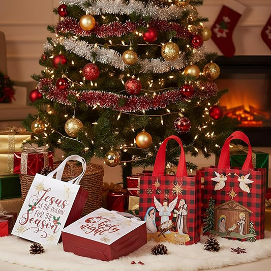Wesnoy 24 Pcs Christmas Nativity Bags Bulk 10 x 8 x 4 Inch Christmas Jesus Non Woven Gift Bags with Handles Holy Night Religious Jesus Decoration Gift Packaging Reusable Christian Supplies for Xmas