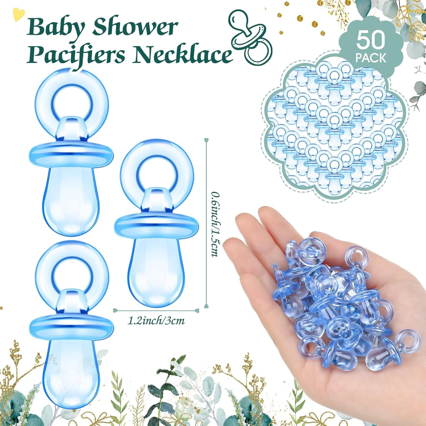 Thyle 51 Pcs Pacifier Hunt Baby Shower Games Include Hunt Sign and 50 Acrylic Pacifiers for Baby Shower Game Decoration Gift Sets Gender Reveal Party Decor(Greenery)