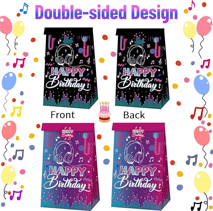 Happy Birthday Party Favors Gift Bags Candy Goodie Bag Black-Purple Decorations Treat Bag 2 Styles Popular Singer Music Paper Rack N Roll Wedding Bridal Baby Shower Decor(12 Pcs)
