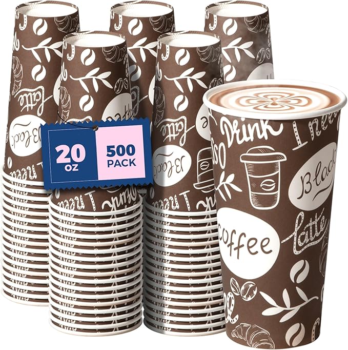 Fit Meal Prep 20 oz Coffee Cups 500 Count, Leak-Proof Hot Cup, Disposable Paper Coffee Cup Bulk for Hot/Cold Beverage, Durable Thickened Paper Cups for Party, Office, Bussines, Home, Bistros