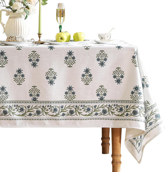 ISAENNE Designer White Linen Long Rectangle Tablecloth,Chinoiserie Floral Elegant Indoor Table Cloth,Fall Stain Proof Decor Tablecloths for Dining Thanksgiving Kitchen,63"*94"-Mosella F