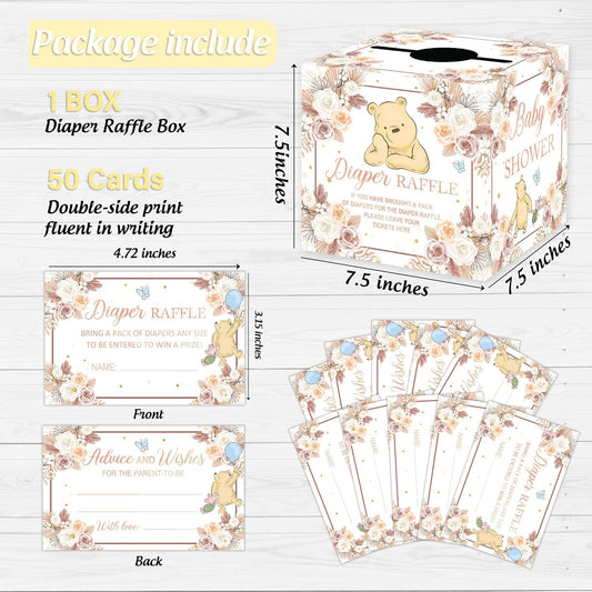 Winnie Baby Shower Decorations-Winnie Baby Shower Games-Pooh Party Decorations-Baby Shower Diaper Raffle Box With 50PCS Winnie Cards-flower
