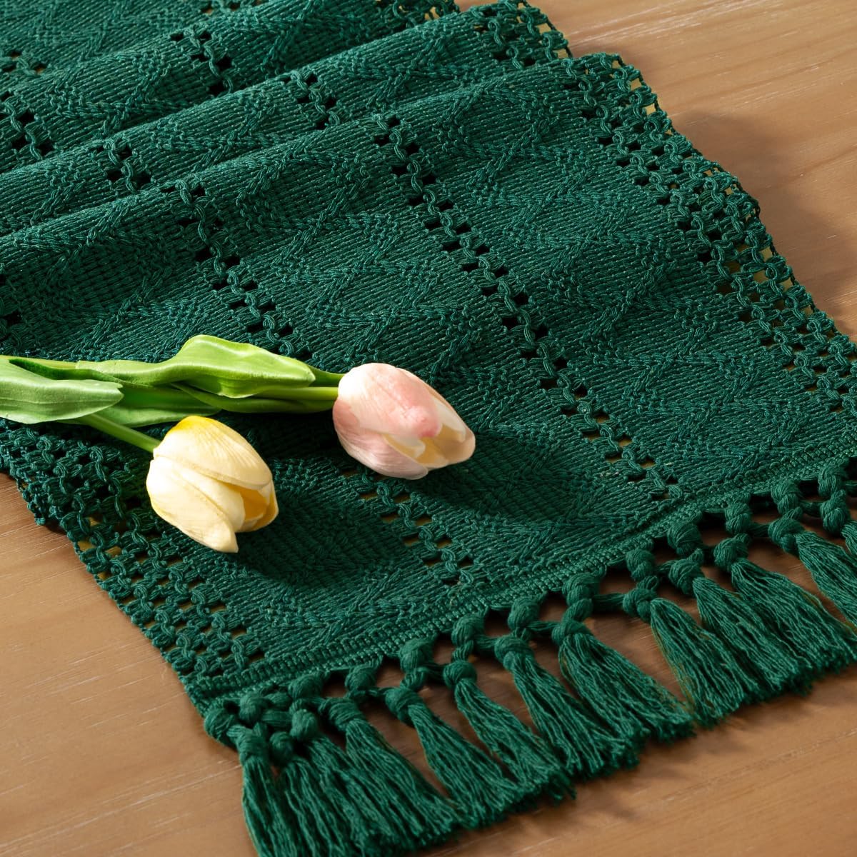 Socomi Boho Table Runner Fall Thanksgiving Farmhouse Rustic Dining Kitchen Centerpiece Decor Small Macrame Woven Cotton Linen Coffee Table Runner for Dresser Scarf Home Decor 12x48 inch Emerald Green