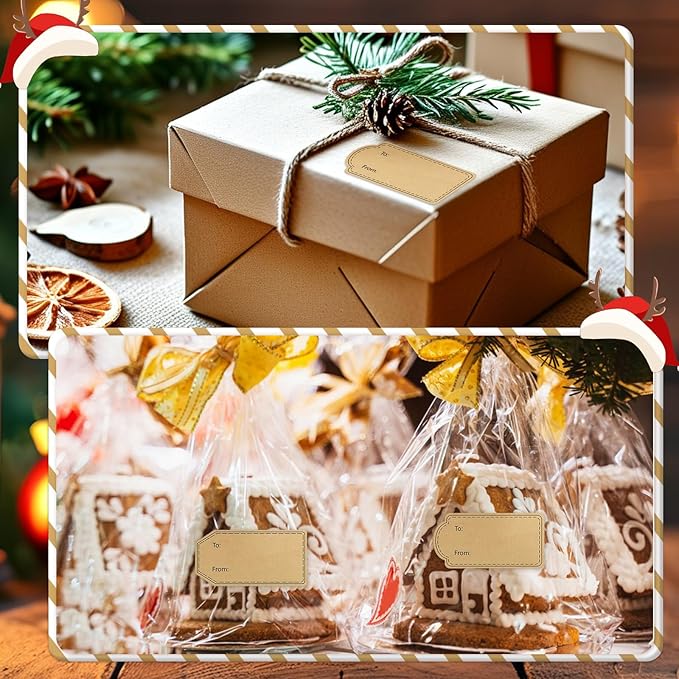 600 Pcs Gift Tag Stickers, 4 Styles Natural Kraft to and from Gift Tag Stickers 1.18"X2.36" Self Adhesive Christmas Labels Holiday Present Labels, 300 Pcs/Roll