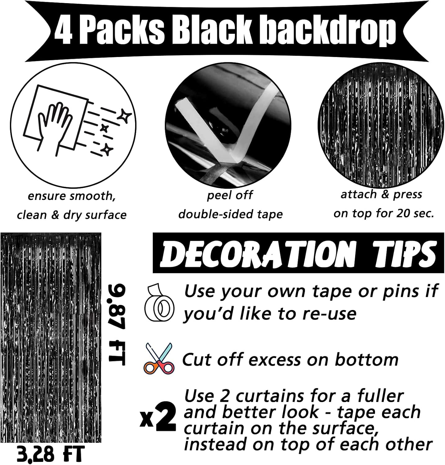 4 Pack Black Fringe Curtain Backdrop, 3.2Ft x 9.8Ft Metallic Tinsel Foil Fringe Streamers Background for Photo Booth Birthday Wedding Baby Shower Carnival Easter Mother’s Day Party Decorations