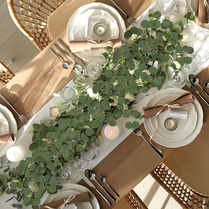 Sggvecsy 24Pcs Artificial Eucalyptus Garland Greenery Leaves Silk Vines Silver Dollar Leaves Faux Leaf Plants for Wedding Wall Table Party Home Fireplace Bedroom Decor