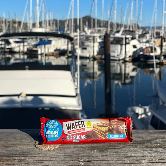 BRAIN FOODS Gluten Free Vegan Double Chocolate Wafers - 12 Bars, No Sugar Added, High Fiber, No Palm Oil, 1.4 oz, 170 Calories, Guilt Free Snack, Natural Chocolate Flavor
