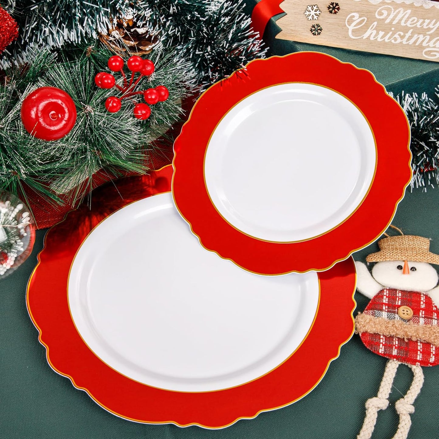 WDF 60pcs Red Christmas Plastic Plates Disposable - 7.5inch Heavy Duty Red Dessert/Salad/Cake Plates for Christmas