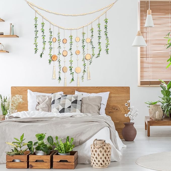 Jetec Hanging Eucalyptus Boho Wall Decor 36 x 36 Inch Boho Wall Hanging Wooden Bead Garland Artificial Greenery Leaves Stems Eucalyptus Garland for Bedroom Living Room Greenery Decoration