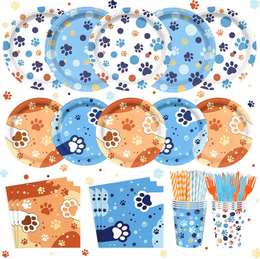 168Pcs Blue Orange Dog Birthday Party Supplies for Boys Girls Kids 1st 2nd Cartoon Puppy Babyshower Party Decorations Paw Paper Plates Napkins Cups Forks Knives and Straws Tableware Serve 24 Guests