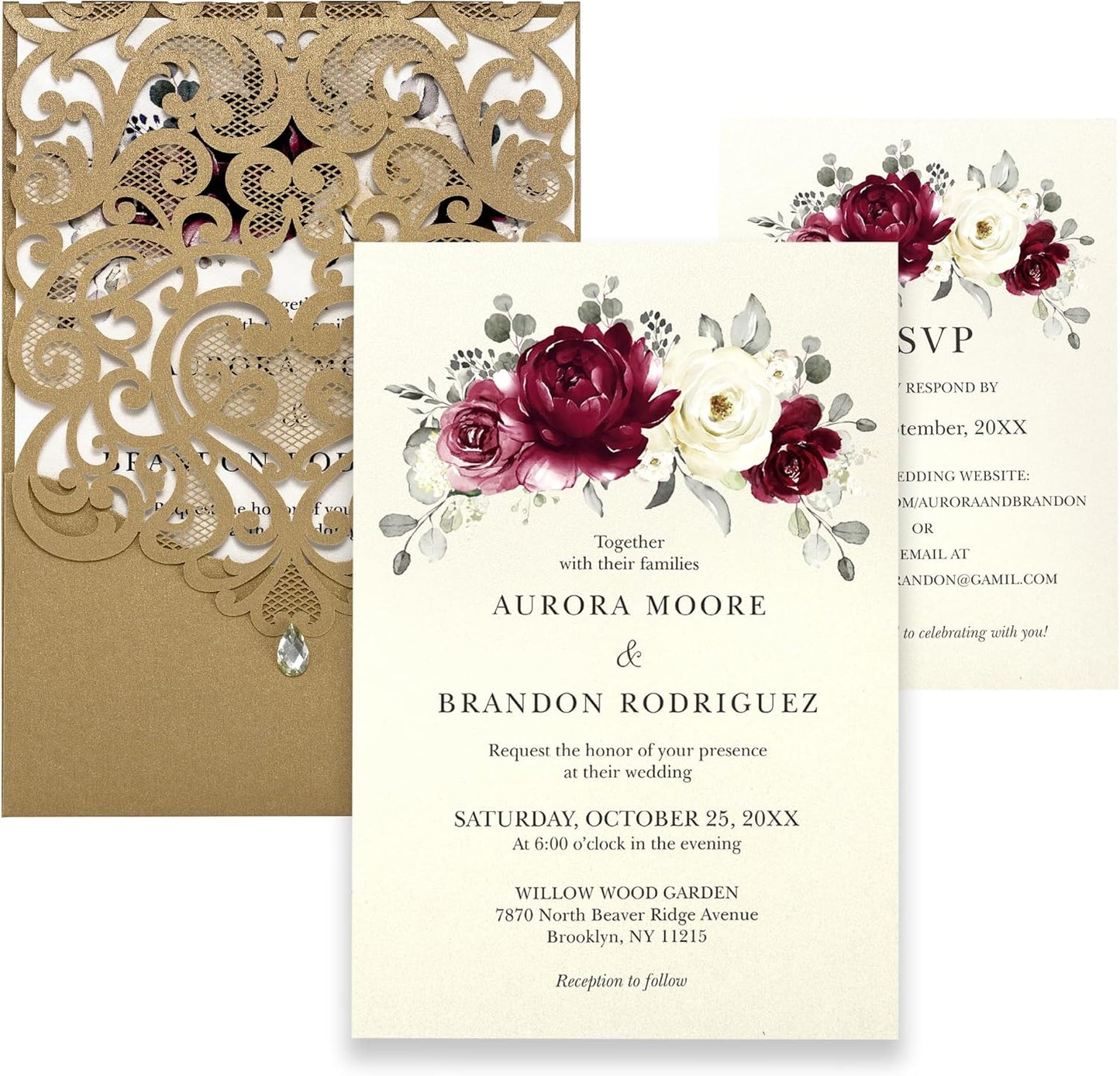 50pcs Laser Cut Wedding Invitations with Envelopes and RSVP Cards Burgundy and Gold, 5x7.3 Personalized Invitation Cards for Wedding, Anniversary Invitations with Rhinestone