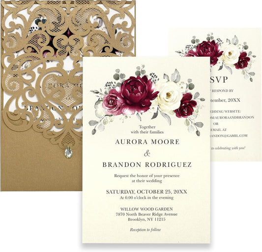50pcs Laser Cut Wedding Invitations with Envelopes and RSVP Cards Burgundy and Gold, 5x7.3 Personalized Invitation Cards for Wedding, Anniversary Invitations with Rhinestone
