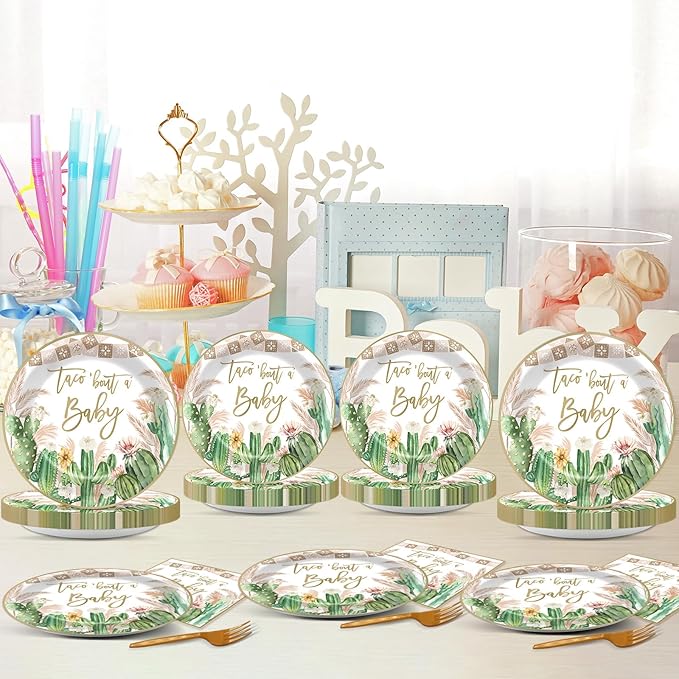 96Pcs Taco Baby Shower Party Supplies Taco Bout A Baby Paper Plates Napkins Cactus Baby Shower Party Decorations Gender Reveal Dinnerware Party Favor Taco Baby Shower Tableware Serves 24