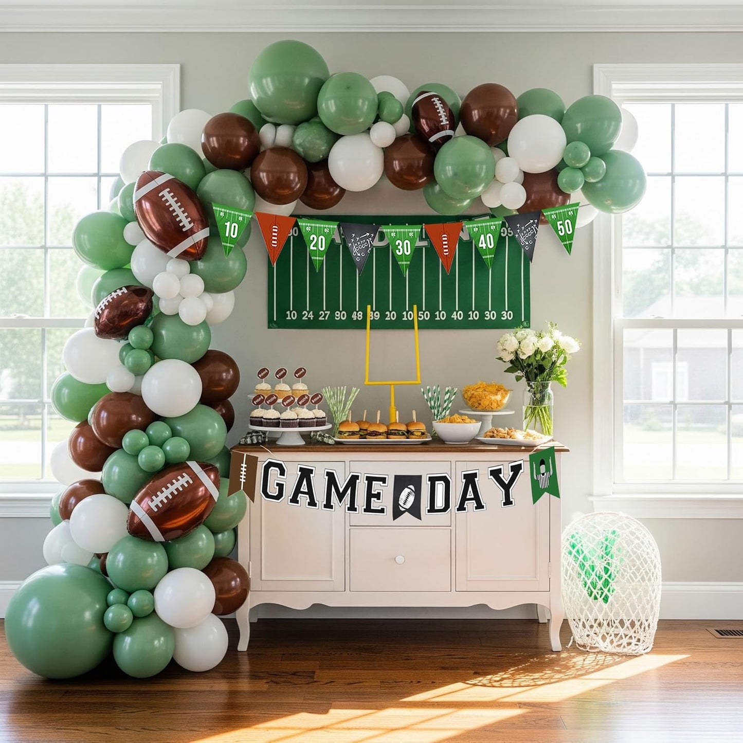 Football Balloon Garland Arch Kit Sage Green and Brown Balloons with Football Foil Balloon Game Day banner for Touch Down Rugby Super Bowl Sport Theme Party Decorations