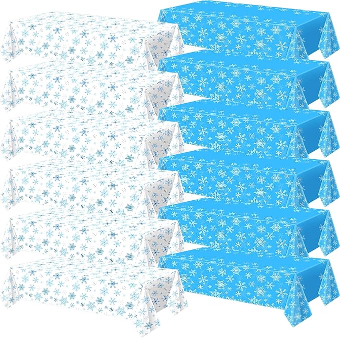 Peryiter 12 Pcs Winter Snowflake Plastic Tablecloth Decorations, Christmas Wonderland Disposable Table Cover 54 x 108 Inch Blue and White Dining Table Cover for Winter Holiday Theme Party Supplies