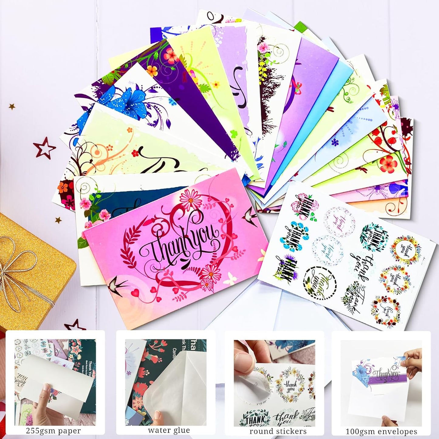 32 Thank You Cards with Envelopes Matching Stickers and Storage Box, 4 x 6 Inch Blank Thank You Greeting Cards Thank You Note for Graduation, Baby Shower, Wedding, small Business, Holiday,