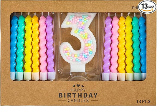 PHD CAKE Number 3 Birthday Candle Macaron Glitter Number Candle with Rainbow Spiral Candles in Holders for Cake Topper, Pastel Sweet Theme Party Decoration