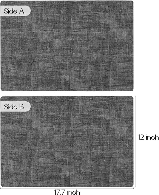 Romanstile Vinyl Placemats Set of 8-12 x 17 Inch - Heat Resistant Place Mats 100% Waterproof Oilproof Wipeable Reversible Faux Leather Table Mats for Kitchen/Dining/Party/Holiday, Dark Grey