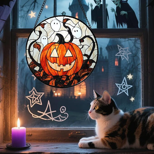 Stained Glass Window Hanging - Halloween Decorations Pumpkin Ghost Suncatcher for Doors Garden Indoor Spooky Funny Orange Sun Catchers Gothic Decor Horror Gifts for Women Men Friend 11.8 in