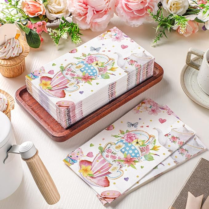 Karenhi 200 Pcs Tea Party Napkins 2 Ply Tea Cup Guest Napkins Spring Hand Paper Floral Guest Paper Towels for Bathroom Disposable Hand Towels for Bathroom Wedding Bridal