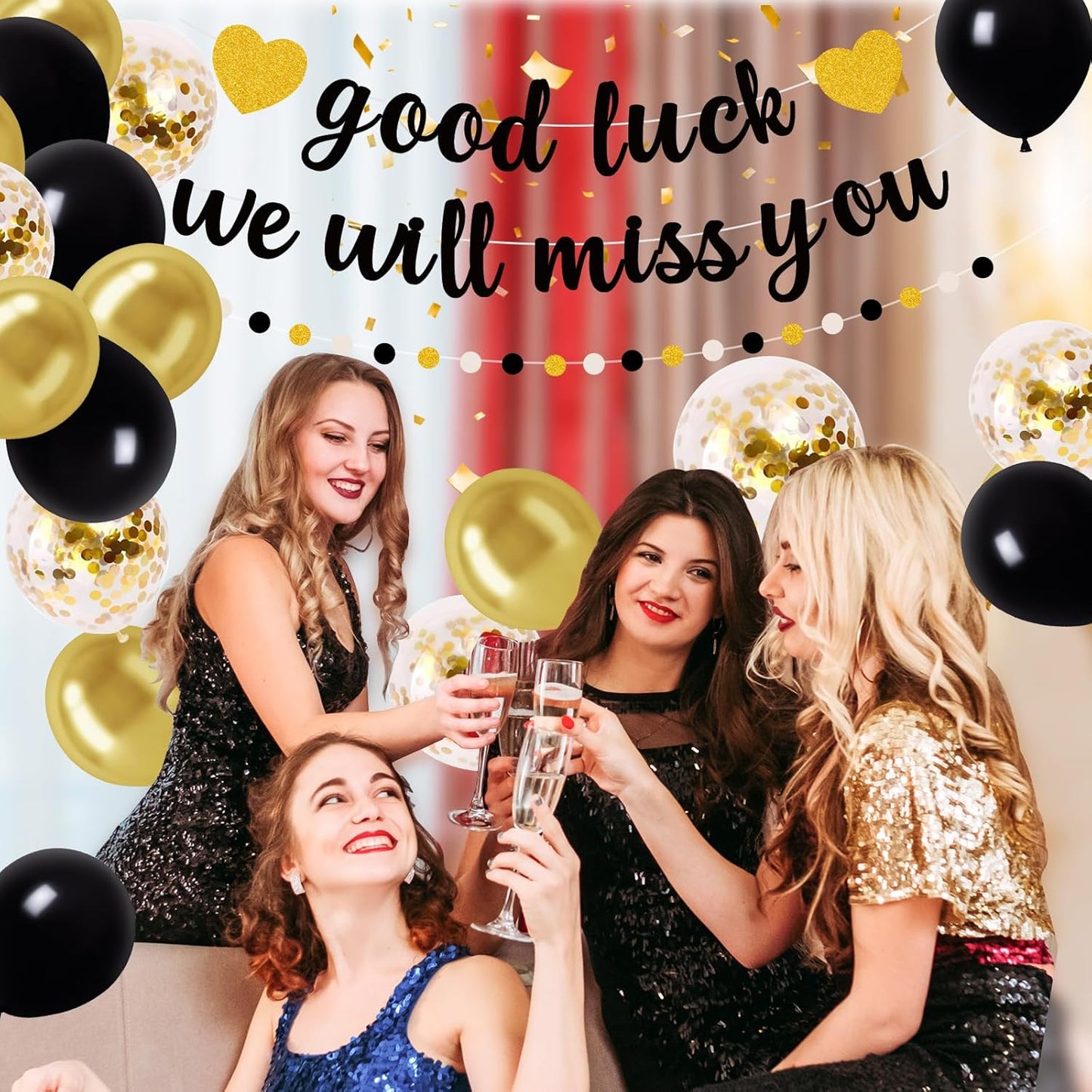 Farewell Party Decorations – Black Glitter Goodbye Banner “Good Luck, We Will Miss You”, Black Gold White Garland, Latex & Confetti Balloons for Retirement, Going Away, Goodbye Party Supplies