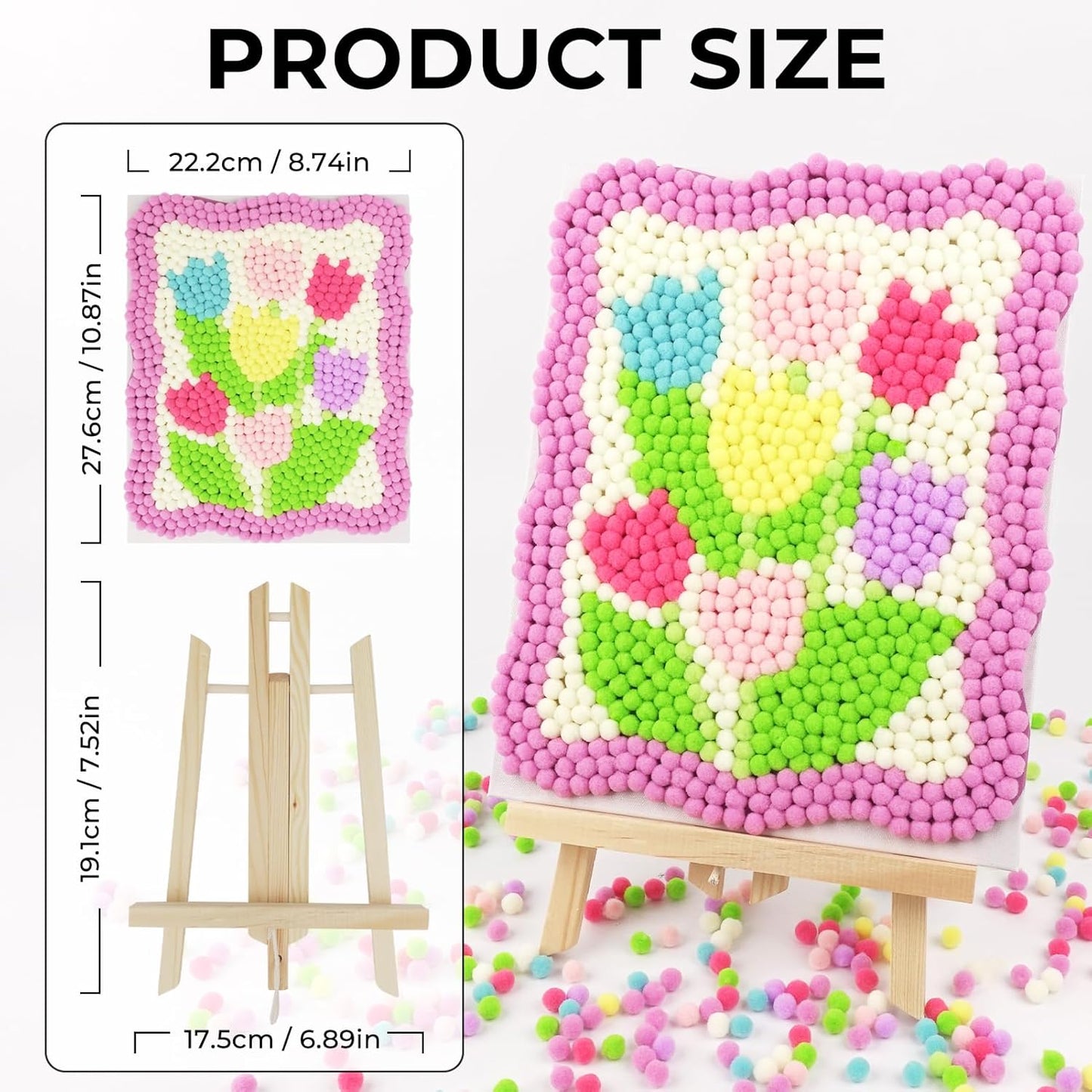 Funto Tulip Pom Pom Painting Art Kit, 1100+ pom poms, Canvas and Sturdy Easel for Home Decor, Suitable for Kids and Adults DIY Painting