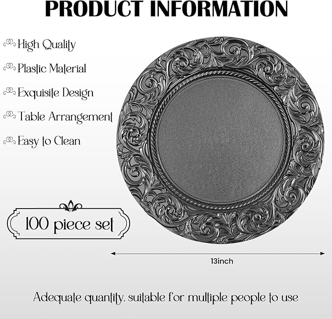 100 Pcs Black Round Charger Plates Bulk, 13 Inch Reusable Antique Charger Plates Set Plastic Embossed Dinner Plate for Table Setting Wedding Party Event Tabletop Setting Decor (Black)