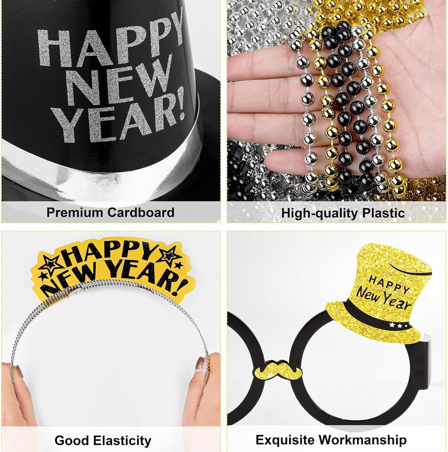 Fovths 132 Pieces 2026 New Years Eve Party Supplies Includes Glasses Top Hats Headband Noisemakers Horns Bead Necklaces Plastic Leis New Year Party Favors for Celebration Decoration Gift