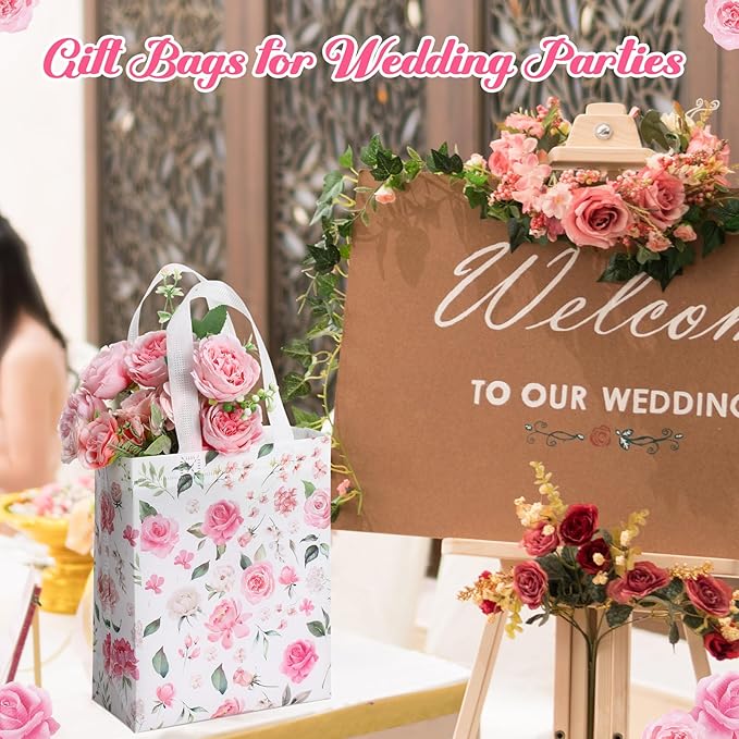 Supervitae 24 Pack Pink Floral Theme Gift Bags Medium Floral Party Favor Bags Flower Reusable Totes Non Woven Goodie Totes for Wedding Birthday Baby Shower Family Holiday Travel(9.8" x 7.9" x 3.9")
