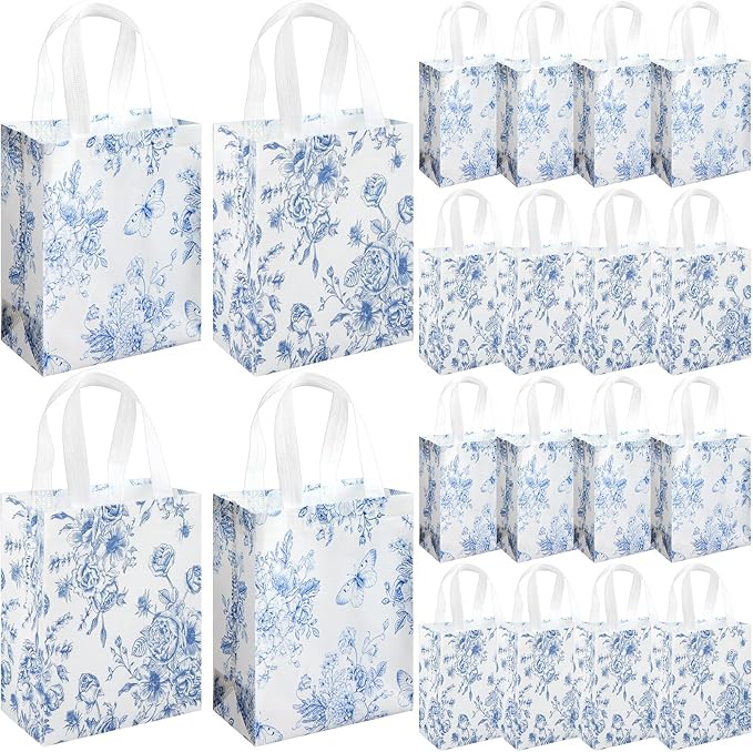 Wovnet 30 Pcs Blue Floral Gift Bags Bulk Reusable Non Woven Vintage Floral Tote Treat Goodie Candy Bags with Handles Spring Flowers Party Favors Pouch for Holiday Wedding Party Decor 10 x 8 x 4 Inch