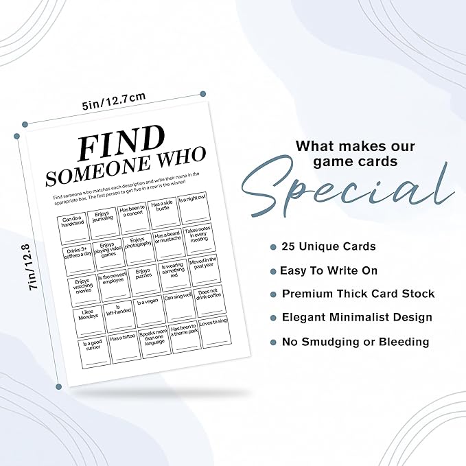 Sahjzk Office Bingo Cards, 25 Unique Randomized 5x7 Sheets, Get to Know You Bingo Game for Adults, Ice Breaker Office Party Games, Team Building Games for Work, High Replay Value - A04