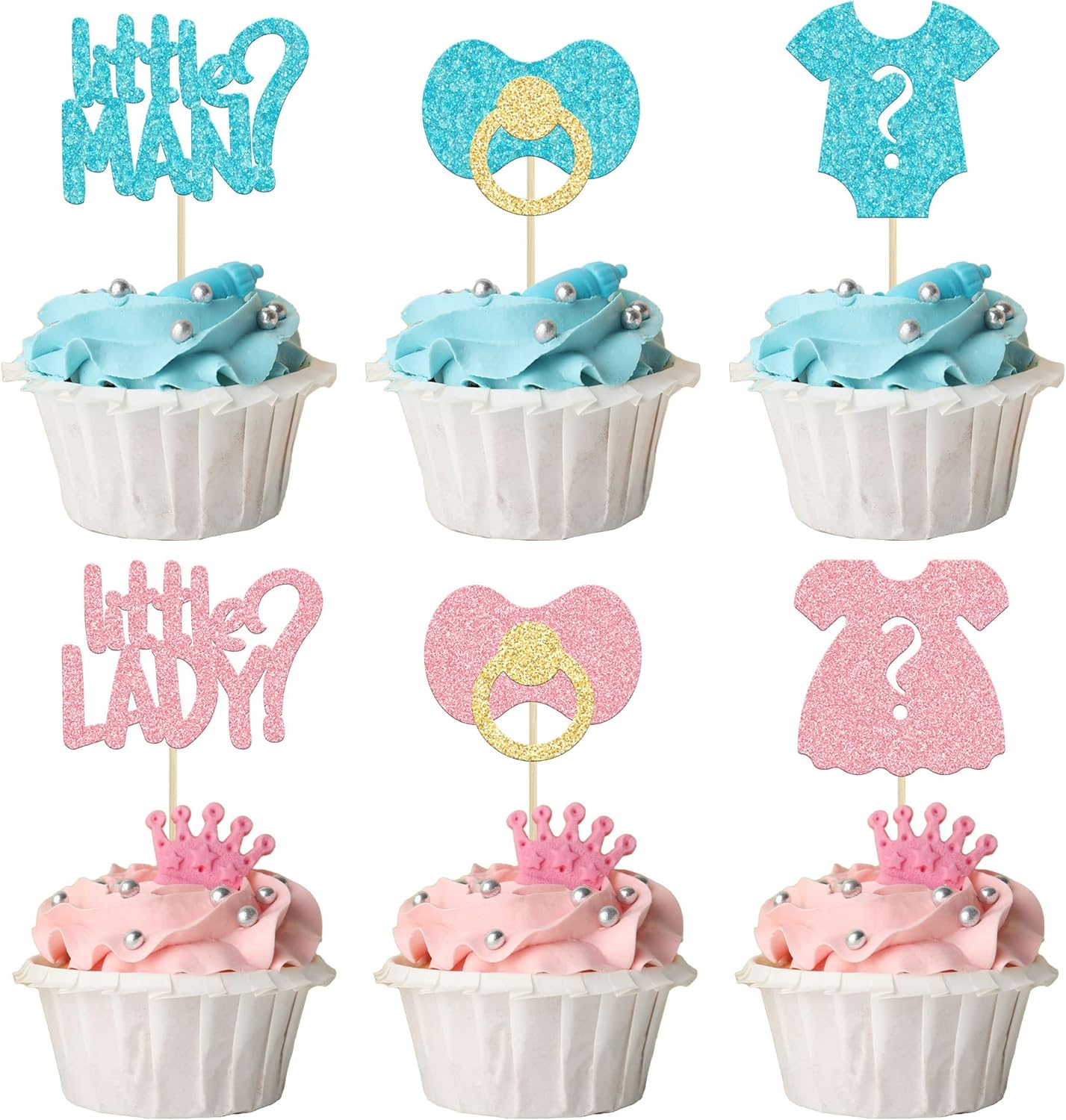 24Pcs Boy or Girl Cupcake Toppers Glitter Gender Reveal Onesie Question Mark Cupcake Picks Little Man or Little Lady Baby Shower Cake Decorations for Kids Birthday Gender Reveal Party Cake Decoration