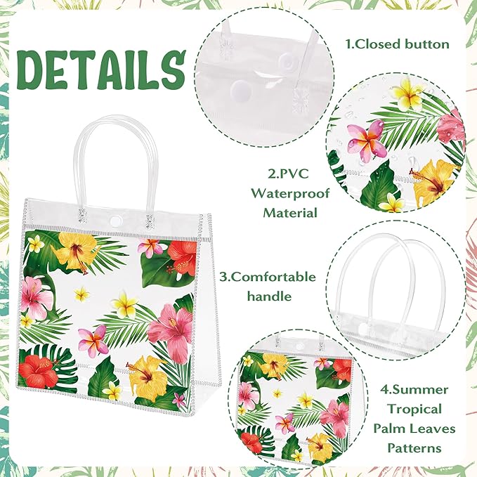 H1vojoxo Hawaiian Luau Gift Bags - 24PCS Hawaiian Luau Party Favors Bags Summer Luau PVC Clear Gift Bag with Handle Summer Tropical Palm Leaves Plastic Transparent Gifts Bag for Hawaiian Party Favor