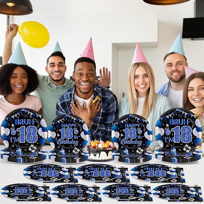 96PCS 18th Birthday Party Paper Plates and Napkins and Forks Set for Blue and Silver Bruh I'm 18 Years Old Party Paper Plates Disposable Decor Happy 18th Parties Set for Teens Birthday Decorations