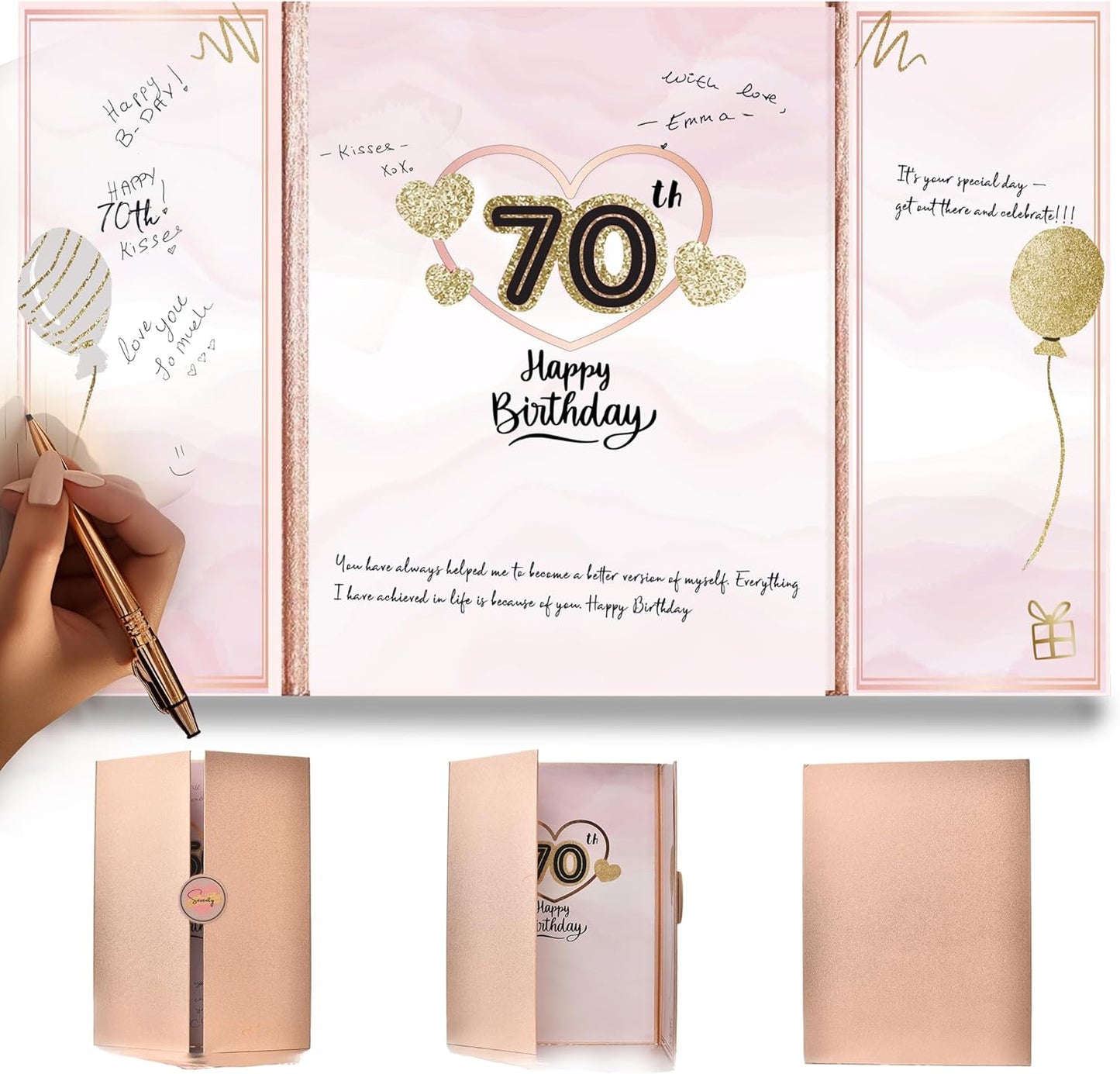 Rose Gold 70th Guestbook Happy Birthday Decorations for Women - Expands from 9x12 to 18x12 inches - Elegant Foil & Gold Print - 70 Guest Book Party Gifts, Keepsake Signature Book - Pen Not Included