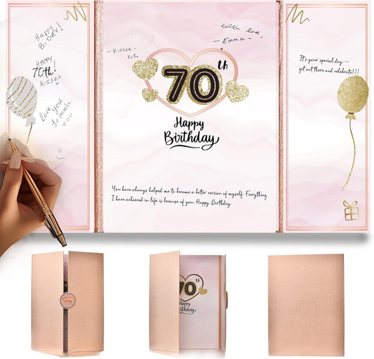 Rose Gold 70th Guestbook Happy Birthday Decorations for Women - Expands from 9x12 to 18x12 inches - Elegant Foil & Gold Print - 70 Guest Book Party Gifts, Keepsake Signature Book - Pen Not Included