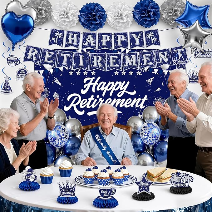 Retirement Party Decorations, Blue Silver Happy Retirement Decorations for Women Men Happy Banner & Backdrop Hanging Swirls Foil Balloon Retire Sash Paper PomPoms and Honeycomb Centerpieces