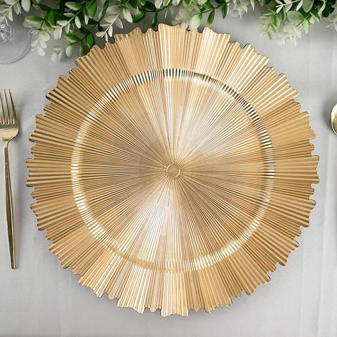 Efavormart 6 Pack | 13" Metallic Gold Sunray Acrylic Plastic Serving Plates, Round Scalloped Rim Disposable Charger Plates