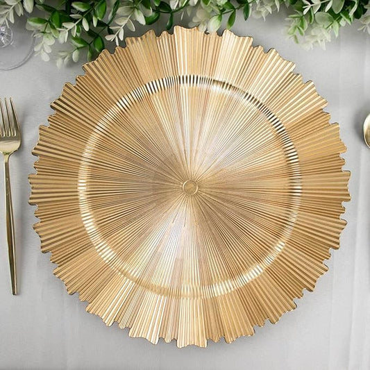 Efavormart 6 Pack | 13" Metallic Gold Sunray Acrylic Plastic Serving Plates, Round Scalloped Rim Disposable Charger Plates