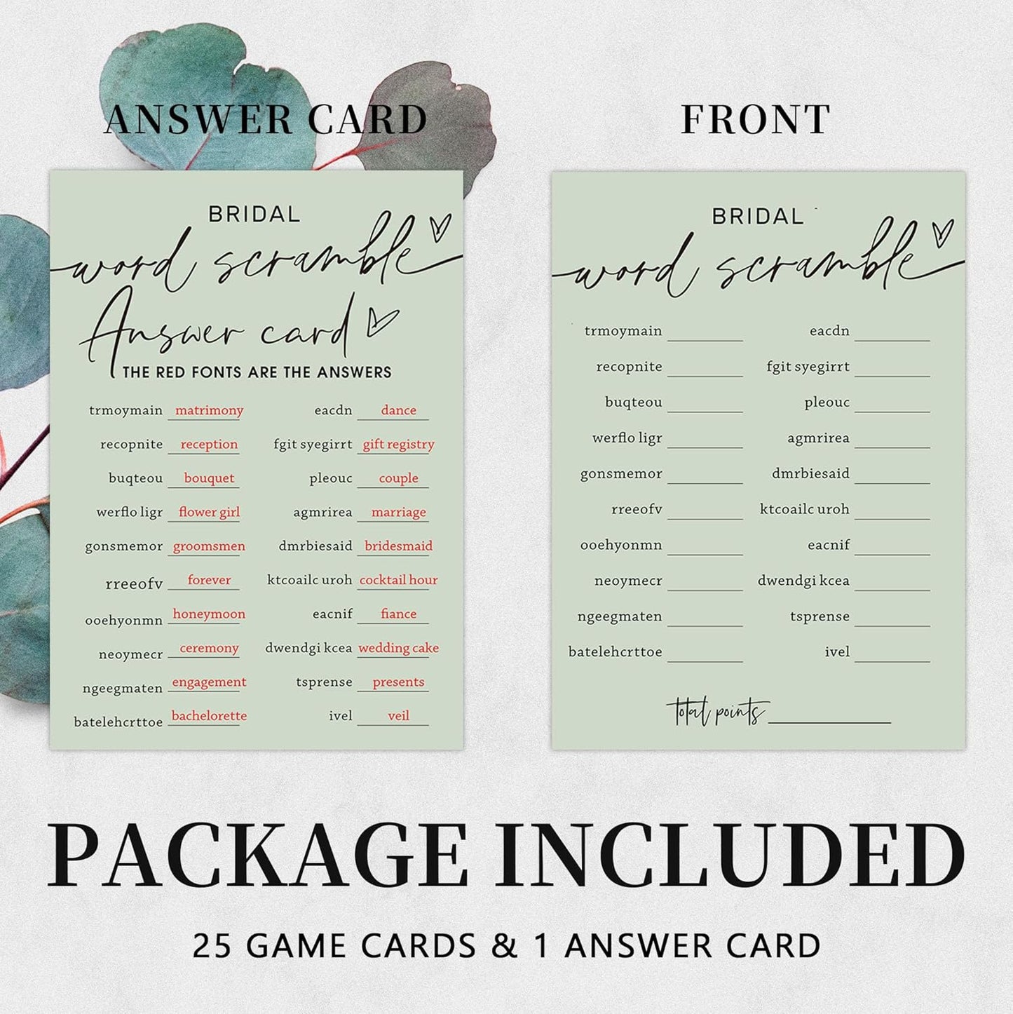 Bridal Shower Games, Bridal Word Scramble, 25Pcs Minimalist Sage Green Bridal Game Cards with 1 Answer Card, Wedding Shower Games for Guests, Engagement Bachelorette Party Supplies