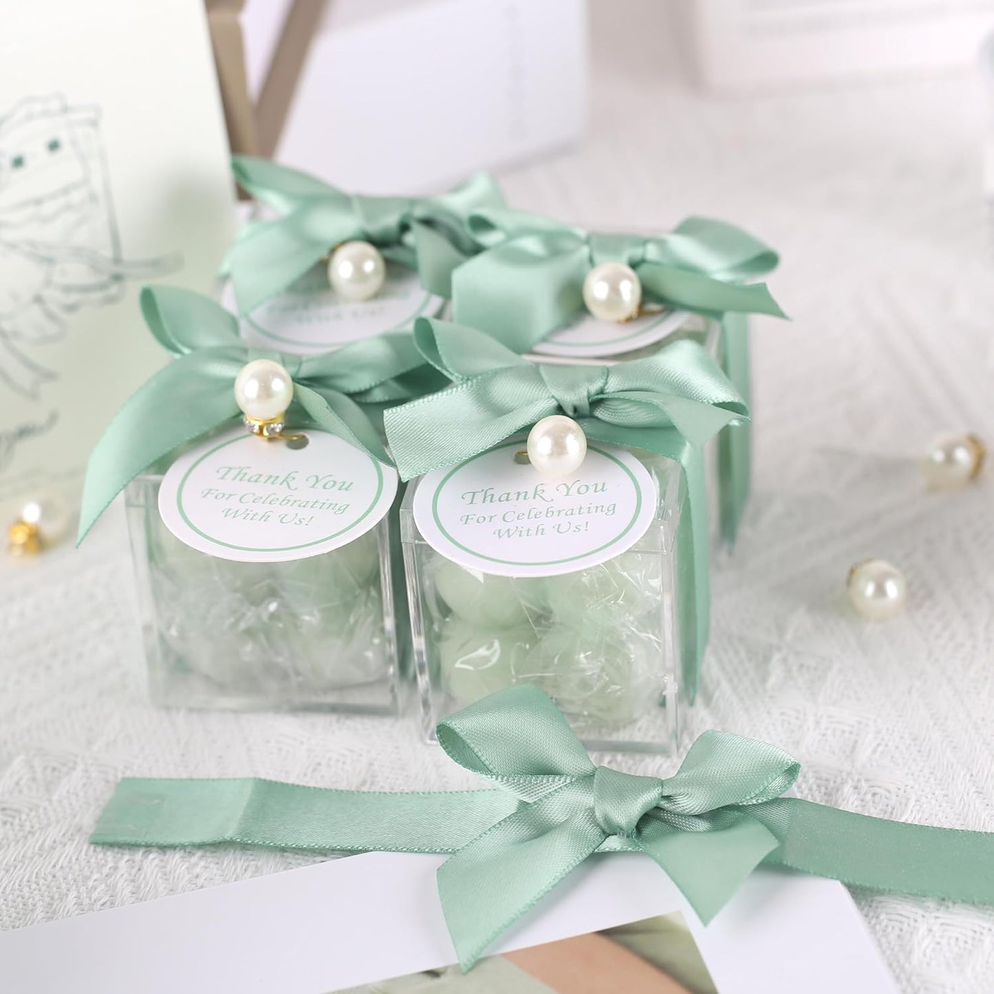 ACITHGL 30 Sets Fully Assembled Small Bubble Candle Party Favors for Guests Bulk Bridal Showers Favors Candles with Stylish Ribbons Thank You Cards Gifts (Green)