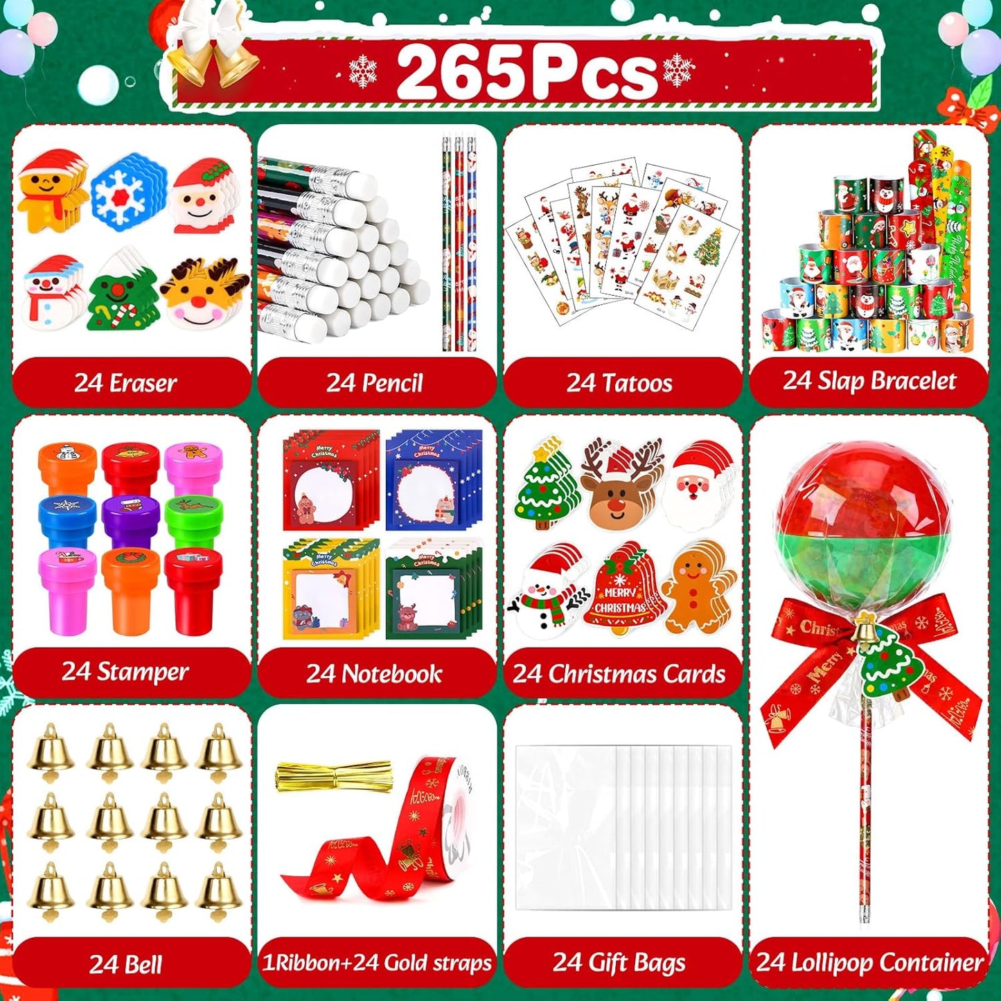 216Pcs Giant Lollipop Christmas Classroom Gifts for Kids, 24 Set Giant Lollipop with Pencils, Stickers, Erasers for Classroom School Exchange Christmas Party Favors Supplies