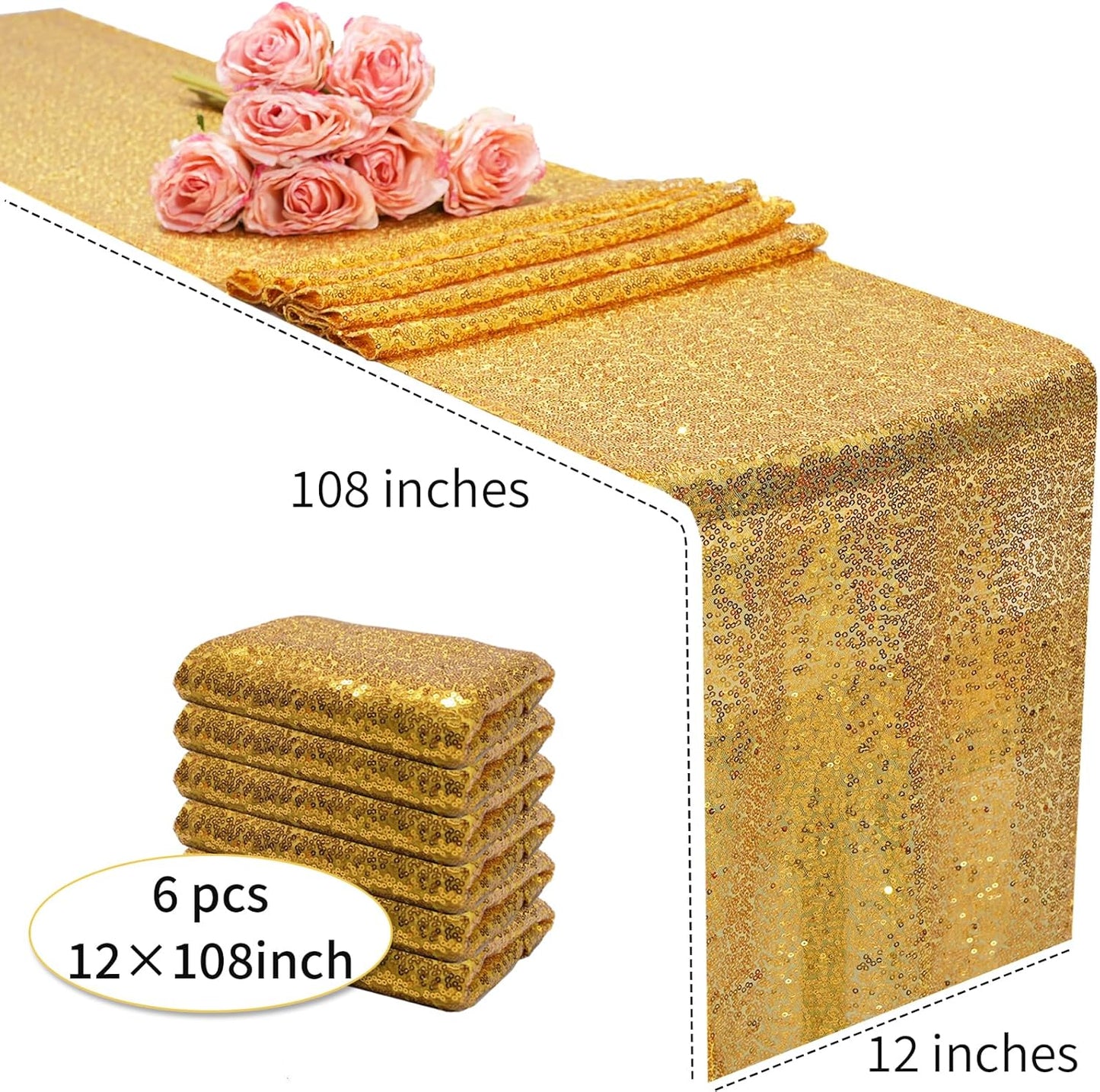 12x108 inch Gold Sequin Table Runner Sparkly Glitter Table Linens 6 Packs for Party Decorations Wedding Birthday Baby Shower Engagement Anniversary