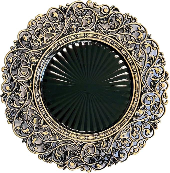 13inch Round Plastic Charger Plates,Set of 8,Charger Plates for Dinner,Wedding,Party,Event Decoration. (Black gold edge) …