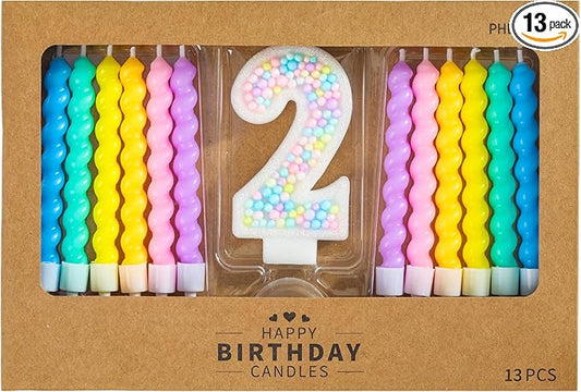 PHD CAKE Number 2 Birthday Candle Macaron Glitter Number Candle with Rainbow Spiral Candles in Holders for Cake Topper, Pastel Sweet Theme Party Decoration